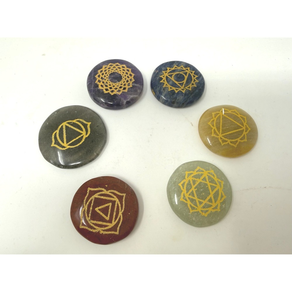 Set of 6 Chakra Palm Stones Engraved Healing Crystals Meditation